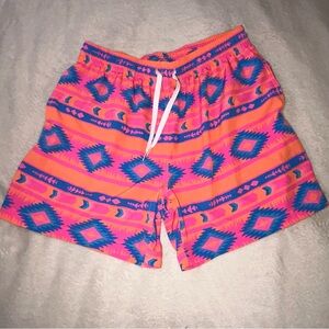 chubbies Neon Orange & Hot Pink Swim Shorts with Blue Aztec Accents XL